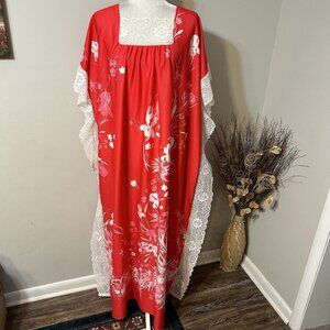 Vintage Granada Women Red White Floral Kaftan MuMu Maxi Dress Lace Trim One Size